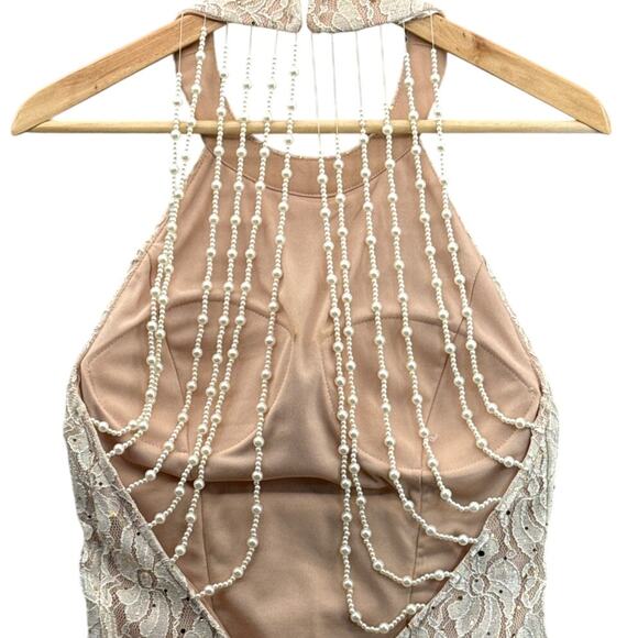 Jump Apparel Vintage Lace Halter Beaded Lattice Back Mermaid Prom Dress 3/4 - Picture 5 of 9